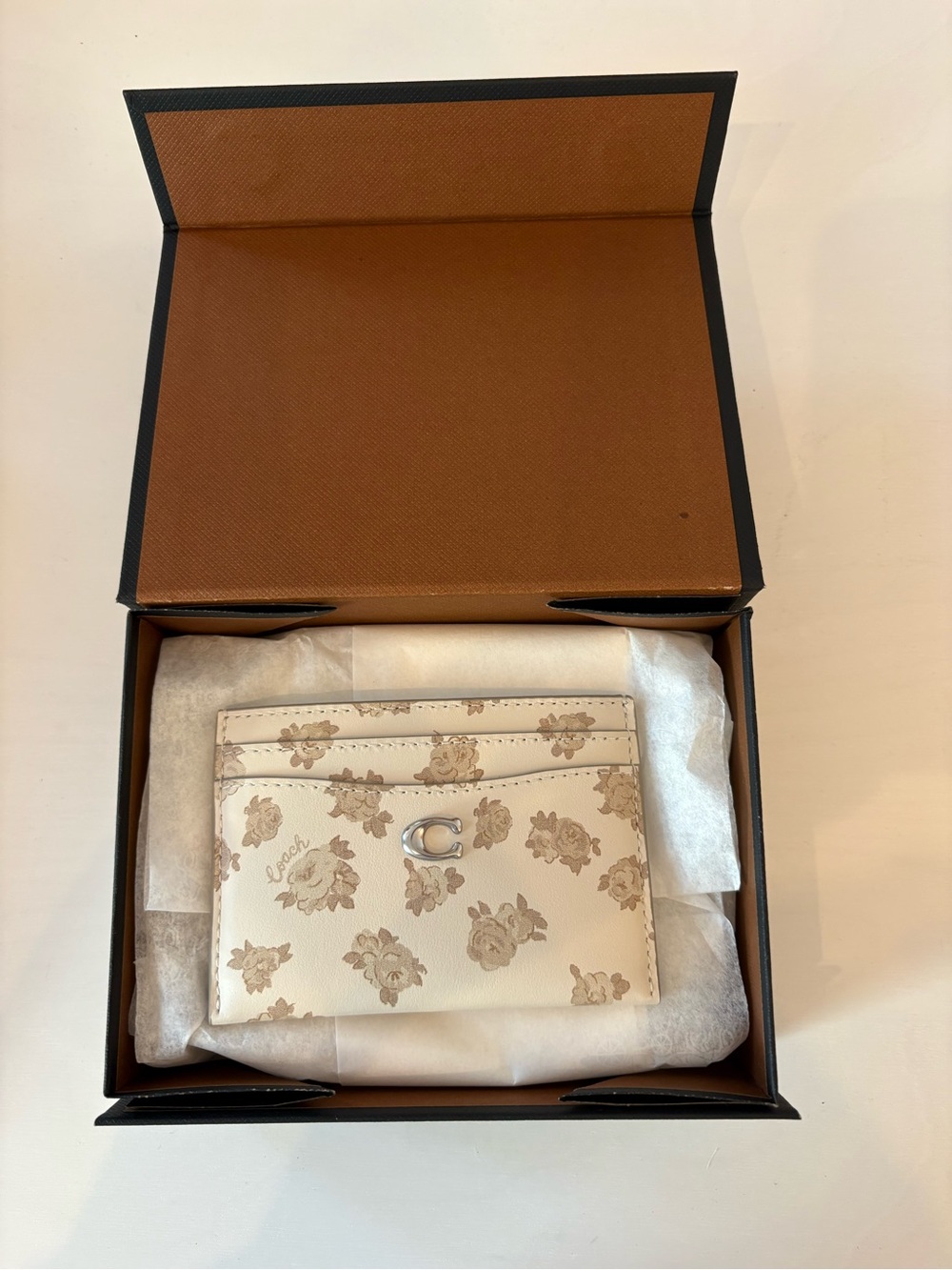 Coach Cream Floral Card Case with Silver 'C' Accent